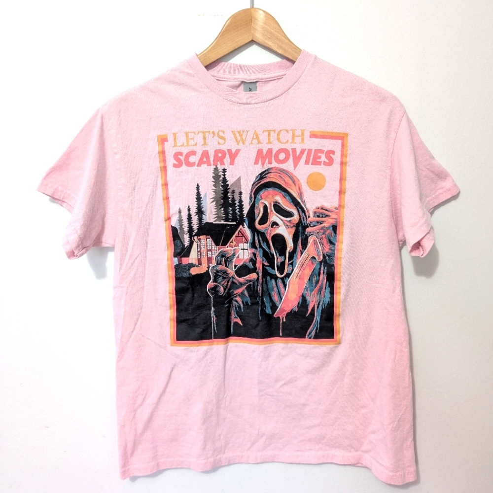"Let's Watch Scary Movies" Pink Graphic T-shirt 🍿